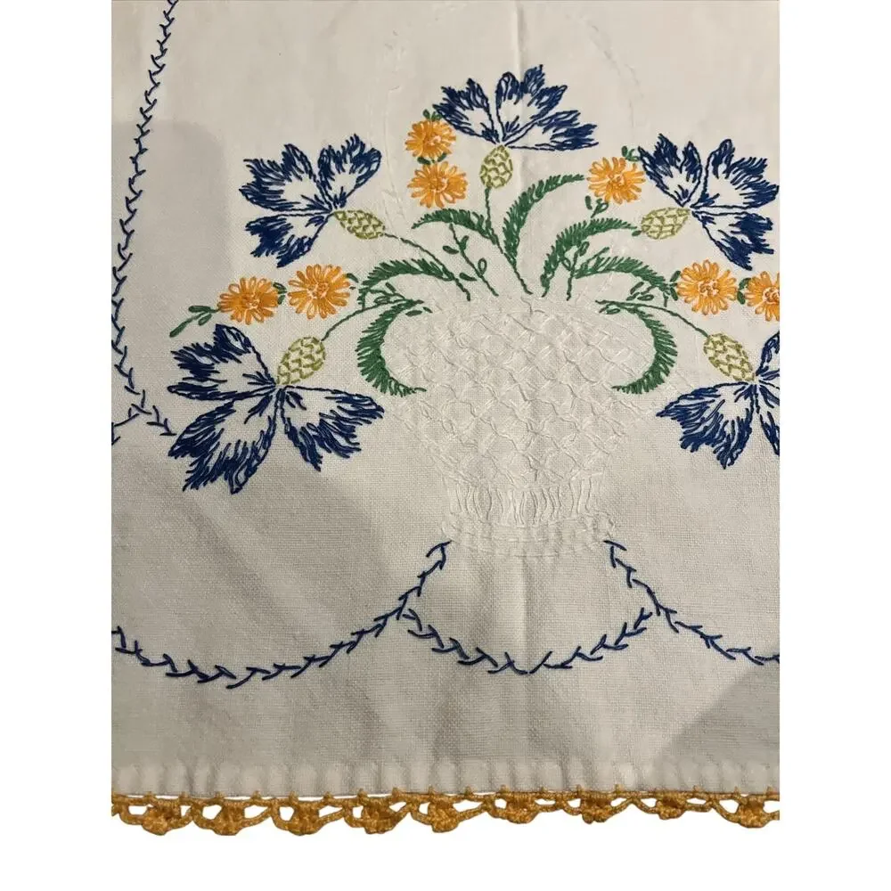 Vtg Ivory Embroidered Floral Linen Cotton Blend Crochet Edging Table Runner 38”